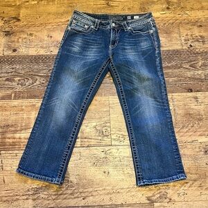 Miss Me Jeans Women's 31 Mid Rise Easy Cropped Embellished Pockets Denim Blue